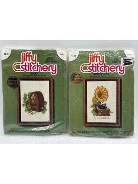Sunset Designs Jiffy Stitchery Radio #391 & Gramophone #390 Embroidery Kits 1975